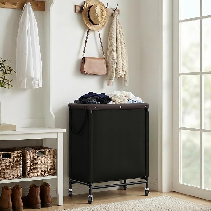 StorageWorks 2 Section Laundry Hamper, 100L Black Sorter Cart with Wheels | 2 Section Laundry Hamper with Wheels, Black Sorter Cart for Bedroom, Bathroom, Apartment