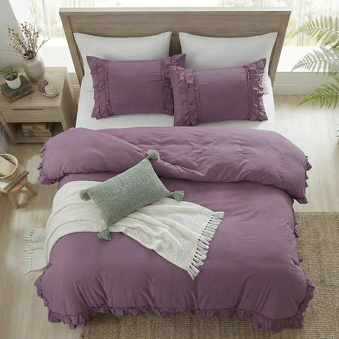 Bedorm Queen Duvet Cover Set Purple Ruffle Bedding Set Pleat Ruffled Shabby Chic Comforter Cover Extra Soft & Easy Care Farmhouse Boho Duvet Cover with Zipper Closure