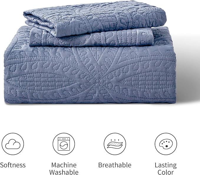 Love's cabin King Size Quilt Set Blue Bedspreads - Soft Bed Summer Lightweight Bedspread Comforter - Modern Style Coin Pattern Coverlet for All Season - 3 Pieces (1 Quilt, 2 Pillow Shams)
