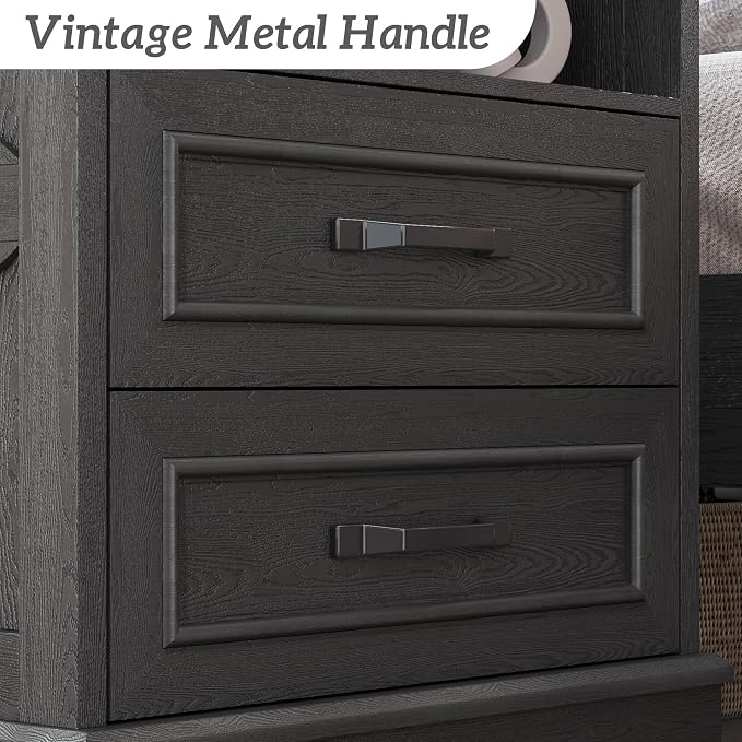 Fluest 24" Tall Farmhouse Nightstand, Night Stand with Fast Charging Station, Beside Tables with Drawers and Open Storage, Rustic End Tables for Bedroom, Antique Black
