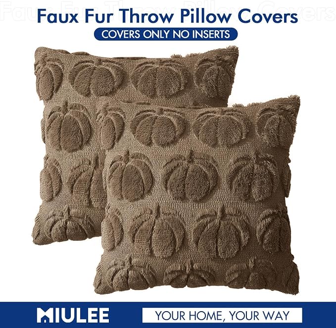 MIULEE Fall Pillow Covers Pumpkin Fall Decor 20x20 Coco Brown | Set of 2 Fall Decorations for Home, Plush Faux Fur Farmhouse Accent Pillowcases, Porch Sofa Couch Cushion Bed Livingroom