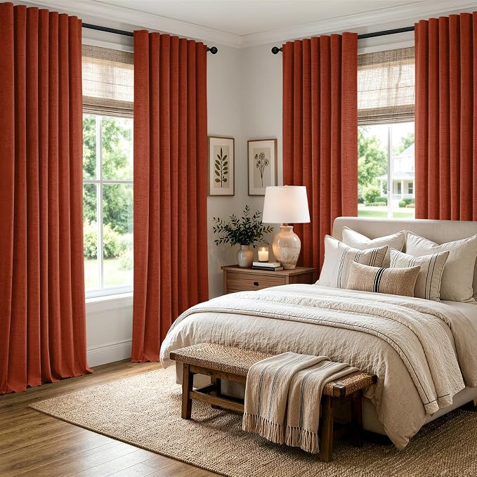 MIULEE Fall 100% Blackout Linen Curtains 42 x 96 Inch Burnt Orange 2 Panels | Thermal Insulated, Room Darkening Drapes for Bedroom Living Room, Back Tab Rod Pocket Pinch Pleated, Solid Luxury Decor