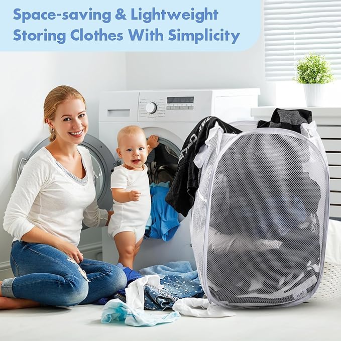 Pop Up Laundry Hamper, 70 L Collapsible Mesh Basket with Side Pocket, White | Reinforced handles, breathable fabric, foldable, portable for dorm college travel camping cruise, dirty clothes, toys storage