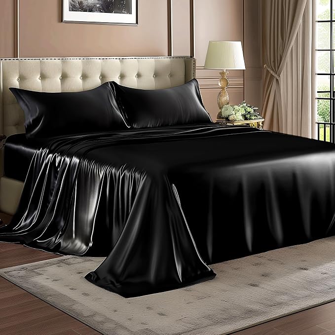 BEDELITE Satin Sheets King Size Bed Set, Black, 4 Pieces | Luxury Silky Bed Sheets, 15 Inch Deep Pocket, Similar to Silk, Soft and Cooling, Reduces Friction, Gentle on Hair and Skin