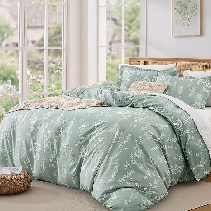MUXHOMO Duvet Cover Full Size, Reversible Floral Green Duvet Cover Set with Zipper Closure, 3 Pieces Botanical Patterns Soft Microfiber Bedding Set with 4 Ties (80"x90", 2 Pillow Cases)
