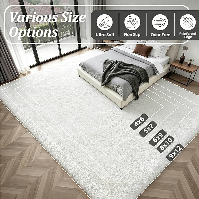 Area Rug Living Room Bedroom: 4x6 Fluffy Plush Shag Carpet Ivory | For Kids Room Playroom Nursery Home Decor,Ultra Soft,Non-Slip Non-Shedding,Fuzzy Plush,Large Indoor Floor Carpet,Easy Clean