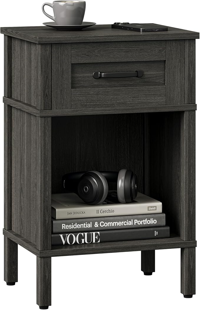 Farmhouse Nightstands with Drawer, Small Wooden Side Table, Modern Bedroom Night Stand, Wood Night Table, Grey Bedside Table with Storage, End Table for Living Room LET512GW