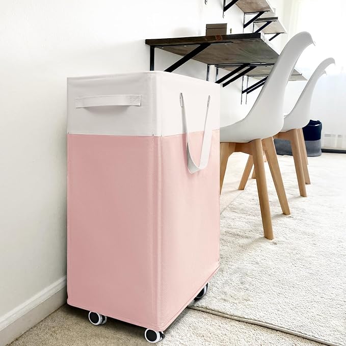 Goodpick 2-Pack Laundry Hamper with Wheels, Dorm Essentials for Girls,75L | Laundry Hamper with Wheels, Collapsible Laundry Basket, Rolling Laundry Hamper with Handle for College Dorm, Pink & White