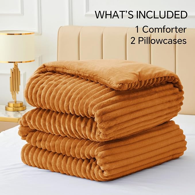 BEDELITE Fleece King Comforter Set, Fluffy Bed Set, Rust Orange | Super Soft & Warm Bedding, Luxury Fuzzy Faux Fur Comforter for Winter, Heavy Plush Bedding, with 2 Pillowcases