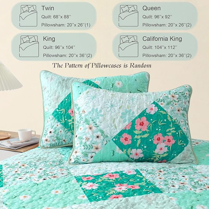 Whale Flotilla Patchwork Quilt King Size, Extra Soft Floral Bedspreads | Green Reversible Lightweight King Quilt Bedding Set for Bed, Printed Coverlets with 2 Pillow Shams for All Seasons