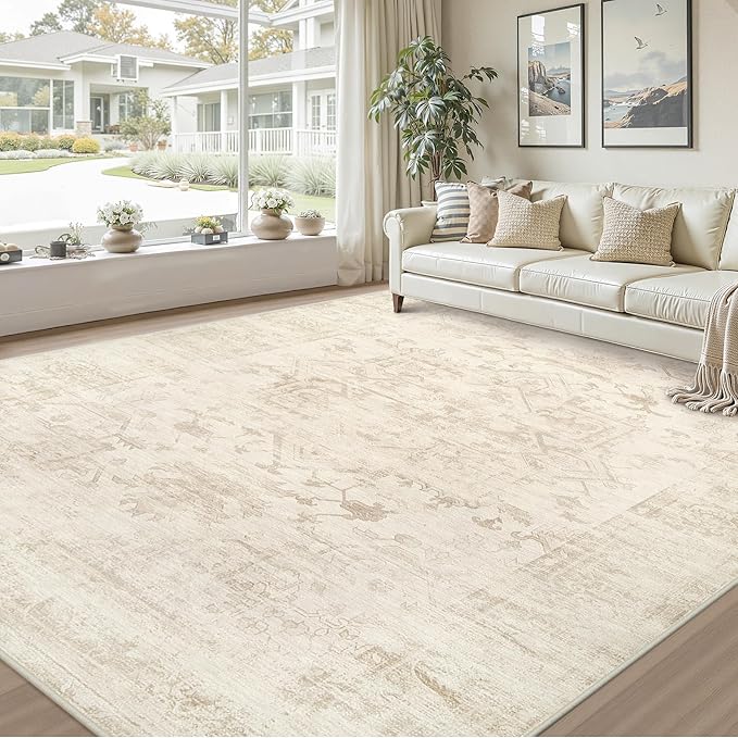 Area Rugs 9x12 Living Room: Bedroom Washable Carpet Beige/Brown | Large Vintage Boho Indoor Decor Neutral Soft Nursery Farmhouse Dining Room Office Floor Non-Slip Low Pile Under Table Rug