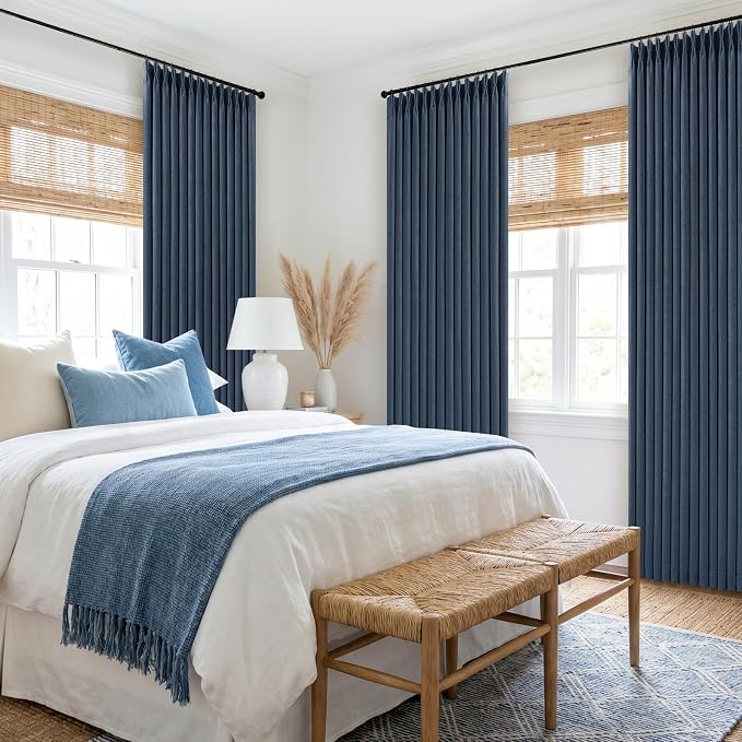 Navy Blue 84 Inch Pinch Pleated Blackout Textured Linen Curtains 2 Panels | Black Out Memory Trained Drapes, Double Layer, Room Darkening Thermal Insulated, for Bedroom, Pinch Pleat with Hooks Rings