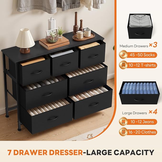 Sweetcrispy 7 Drawer Fabric Dresser for Bedroom Storage with Bins, Black | Anti-Tip Closet Organizer with Wooden Top and Sturdy Steel Frame, Spacious Drawers for Clothes Storage, Hallway Entryway