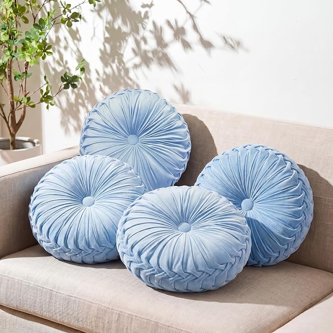 Kathfly 4 Pcs Decorative Round Pleated Throw Pillows, Classy Velvet Pumpkin Round Throw Pillows, Decorative Floor Pillow for Bed Chair Home Sofa Decor, 14" Diameter (Sky Blue)