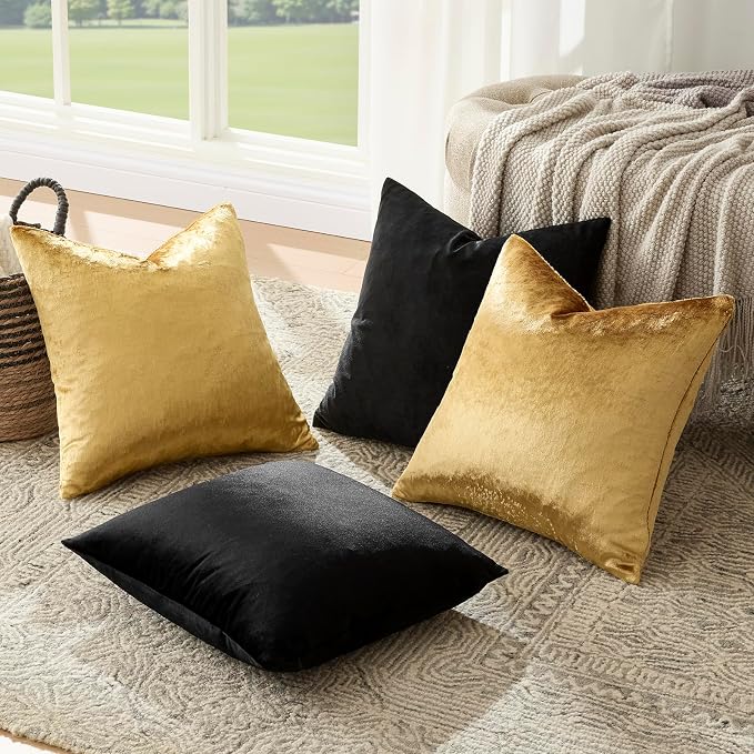 GIGIZAZA Pack of 4 Decorative Velvet Pillow Covers 18x18 Black Gold | Throw Pillows for Couch Sofa,280gsm Soft Textured Fabric,Modern Pillowcases,Luxury Living Room Cushion Covers