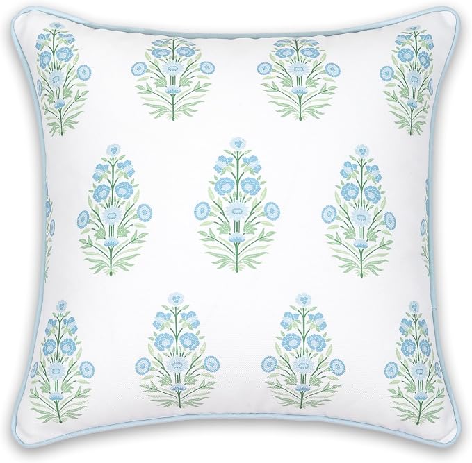 Hofdeco Premium Coastal Patio Indoor Outdoor Throw Pillow Cover Only, 18"x18" Water Repellent for Backyard, Couch, Baby Blue Green Floral with Piping (Pack of 2)