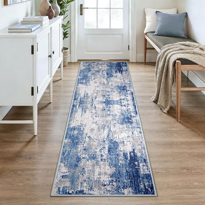 RELEANY Washable Runner 2'6"x8' Abstract Area Rug for Hallway Blue Gray | Carpet for Kitchen, Entryway, Bathroom, Living Room, Bedroom, Printed Pattern, Non‑Slip, Soft, Stain‑Resistant, Easy to Clean