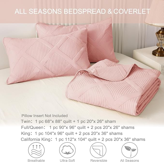 Exclusivo Mezcla Twin Size Quilt Set, Blush Pink | Soft Bedspreads with 1 Pillow Sham, Modern Striped Pattern, Lightweight Bedding Set Coverlets for All Seasons, 68x88 Inch