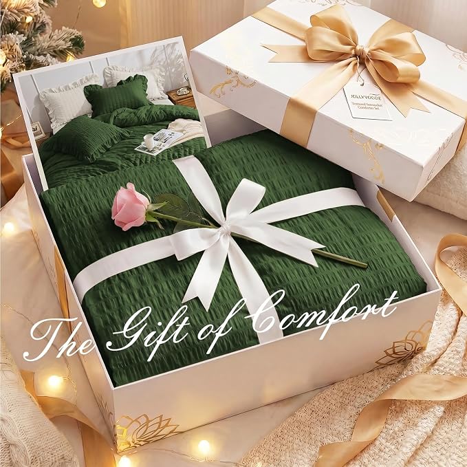 JOLLYVOGUE Dark Green Twin/Twin XL Comforter Set, 2 Pieces Seersucker Lightweight Fluffy Bedding Set, Twin Ruffle Comforter, All Season Soft Microfiber Shabby Chic Bed Set