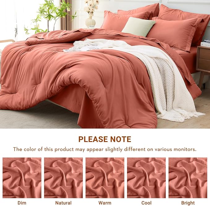 7 Pieces Full Comforter Set, Soft Bed in a Bag Full Size, All Season Bedding Set with Comforter, Flat Sheet, Fitted Sheet, Pillowcases & Shams, Coral Red