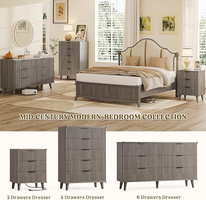 Lulive Wood Bedside Table w/Charging Station, 3 Drawers Fluted Dresser | Dark Grey, Large Drawers, Metal Silent Rails, FSC Wooden, Sturdy Legs, Modern Fluted Panel, Living Room, Bedside Table