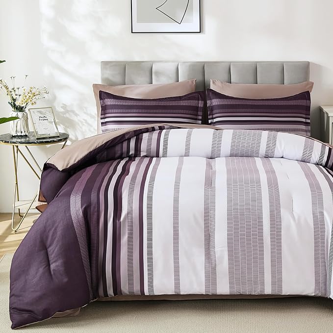 Dobuyly Purple Comforter Set King Size 7 Piece, Boho Striped Bed in a Bag King Soft Microfiber Bedding Sets with Comforter, Sheets, Pillowcases & Shams All Season