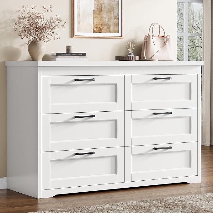 Jocoevol White 6 Drawer Dresser for Bedroom, 47.2" Modern Chest of Drawers | Wooden Storage Dresser with Mental Handle, Large Double Dresser with 5.9" Deep Drawers for Living Room, Hallway Entryway