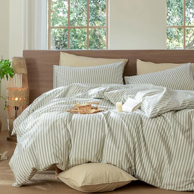 MooMee Striped Duvet Cover Set 100% Washed Cotton Linen Like Super King | Relaxed Linen-like Texture. Soft, Breathable & Long-lasting Comfort. Lightweight. Hidden Zipper with 8 Interior Corner Ties