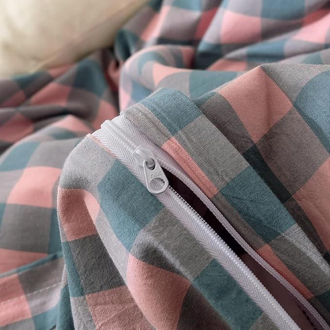 mixinni Plaid Duvet Cover Set Queen Purple - Soft Washed Cotton Modern Geometric Bedding Set with 2 Pillowcases, Pink Blue Gingham Grid Queen Duvet Cover for Men & Women, Soft & Lightweight