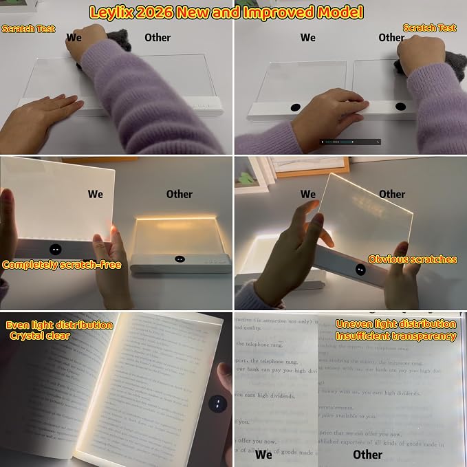 LED Flat Book Light for Reading at Night in Bed, White | Eye-Caring Page Illuminator, 3 Color Temperatures Stepless Dimmable Usb Rechargeable, Portable Flat Panel Lamp with Soft