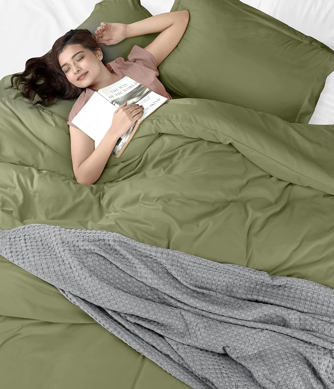 Duvet Cover Queen, 3 Piece Cotton Like Polyester With Zipper Closure, Olive | Extra Soft and Breathable, Wrinkle & Fade Resistant, Includes Duvet Cover and 2 Pillow Shams, Comforter Not Included, OekoTex