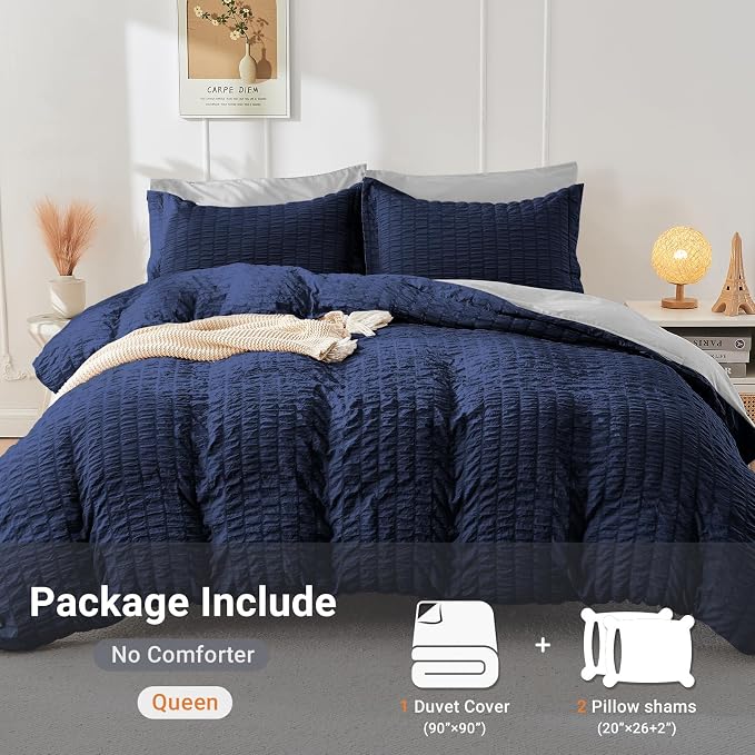 HYMOKEGE Navy Blue/Light Grey Duvet Cover King Size, Ultra Soft 3-Piece Seersucker Duvet Cover Set with Zipper Closure, Soft Brushed Microfiber Bedding Set with 8 Corner Ties (104"x90", 2 Pillowshams)