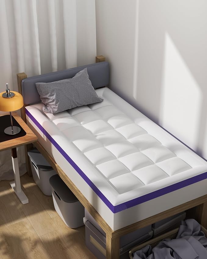 Dorm Room Essentials Dual Layer 4 Inch Memory Foam Mattress Topper Full XL | 2 Inch Gel Memory Foam and 2 Inch Pillow Top Mattress Pad for Back to School , 7-Zone Egg Crate & 2-in-1 Design (White)