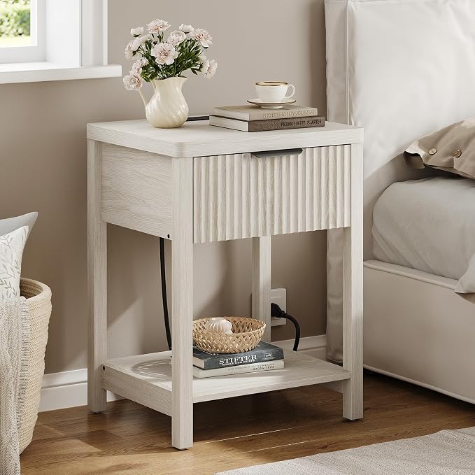 Night Stand Set 2, Fluted Wood Nightstands w/Charging Station for Bedroom | Grey White, Storage Drawer, Open Shelf, Metal Silent Rails, Round Corners, Modern Fluted Panel, Living Room, Bedside Table