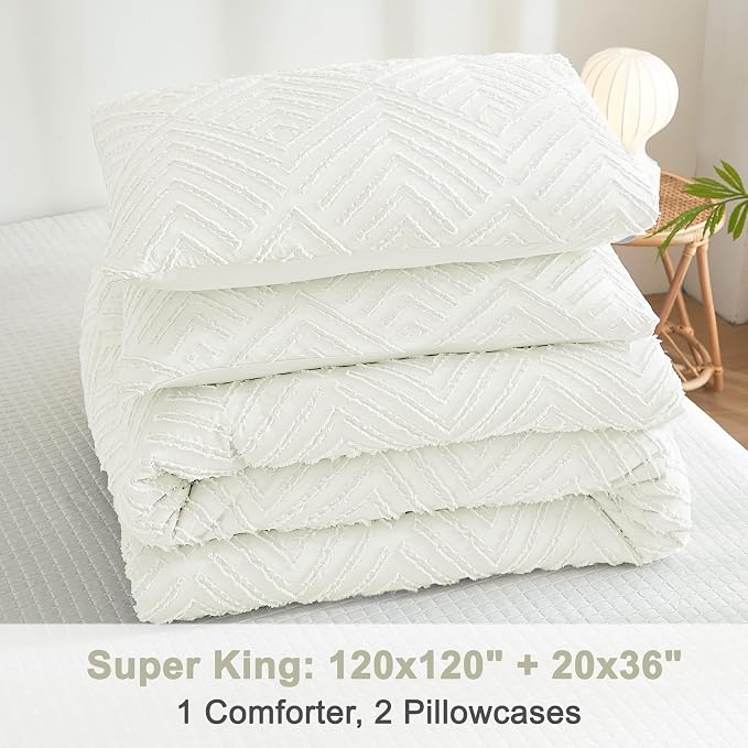 Litanika Super King Size Comforter Set, 3 Pcs Ivory Tufted Boho Bedding Set | Farmhouse Shabby Chic Vintage Bohemian Textured Aesthetic Soft Fluffy Lightweight Breathable All Season Bed Set