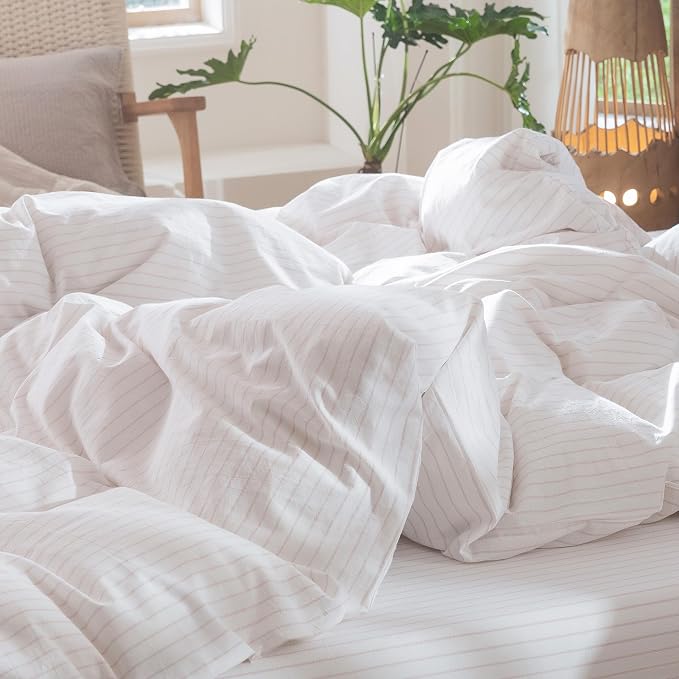 MooMee Striped Duvet Cover Set 100% Washed Cotton Linen Like Full | Relaxed Linen-like Texture. Soft, Breathable & Long-lasting Comfort. Lightweight. Hidden Zipper with 8 Interior Corner Ties