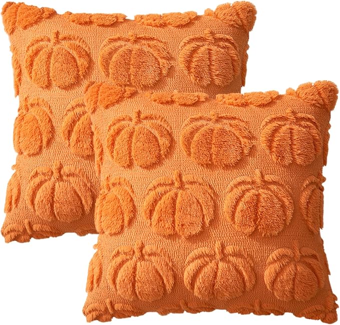 MIULEE Fall Pillow Covers Pumpkin Fall Decor 16x16 Orange | Set of 2 Fall Decorations for Home, Plush Faux Fur Farmhouse Accent Pillowcases, Porch Sofa Couch Cushion Bed Livingroom