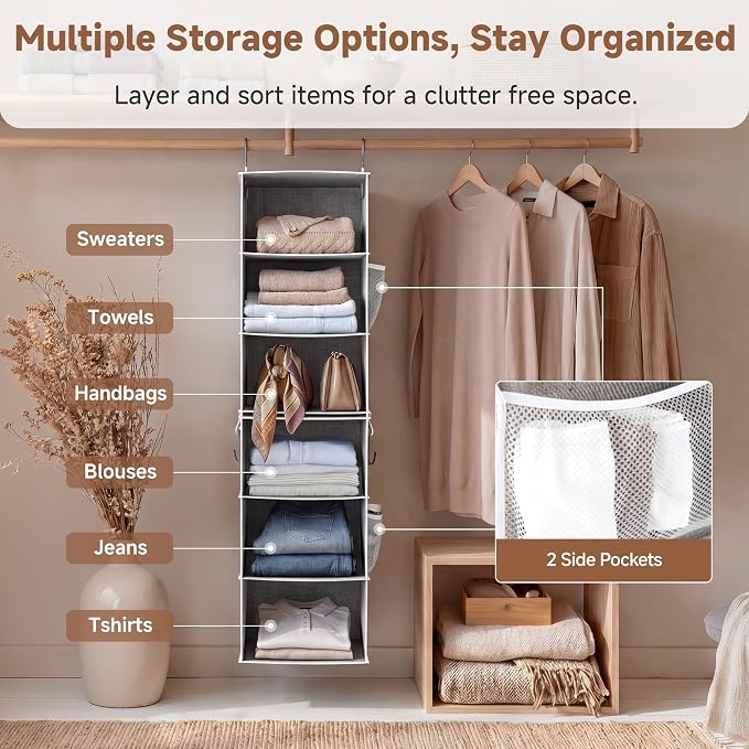 StorageWorks Hanging Closet Organizer, 6-Shelf with 2-in-1 Design, Ivory | Maximize Closet Space with Reinforced Shelves, Small Closet Storage Solution for Bedrooms, Dorms and RVs