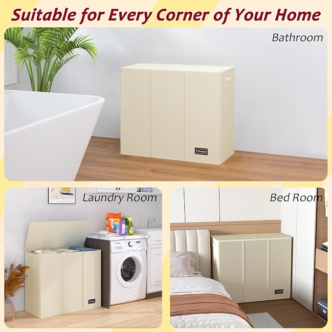 175L Laundry Hamper 3 Section,Large Laundry Hamper with Lid,Dirty Clothes Hamper with 3 Inner Bags,Collapsible Laundry Basket Organizer for Laundry Room,Bedroom,Laundry Sorter Hamper 3 Compartment