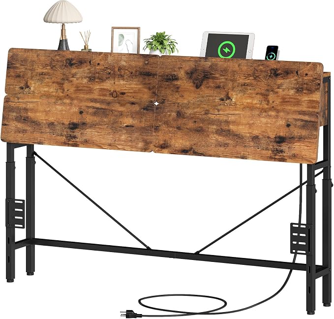 HOOBRO Height-Adjustable Headboard with Outlets, Headboard Queen Size Only | Headboard with Storage, Outlets, USB Ports, Queen Size Headboard Only, Metal Headboard with Adapters for Bed, Rustic Brown