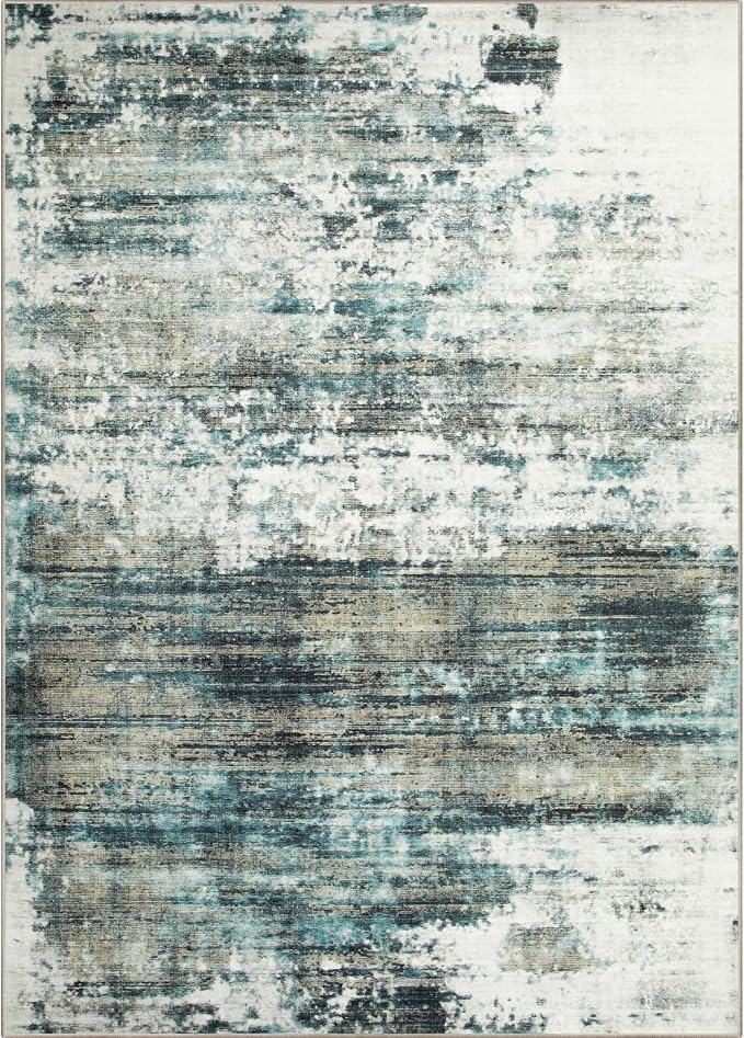 8x10 Area Rugs for Living Room: Washable Abstract Teal Green Badroom Carpet | Non-slip TPE backing makes this washable soft low-pile rug safe & durable, Pet-friendly decor for dining room,nursery,office