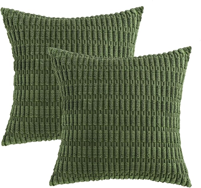 MIULEE Corduroy Decorative Throw Pillow Covers 18x18 Moss Green Pack of 2 | Soft Boho Striped Pillow Covers Modern Farmhouse Home Decor For Sofa Living Room Couch Bed