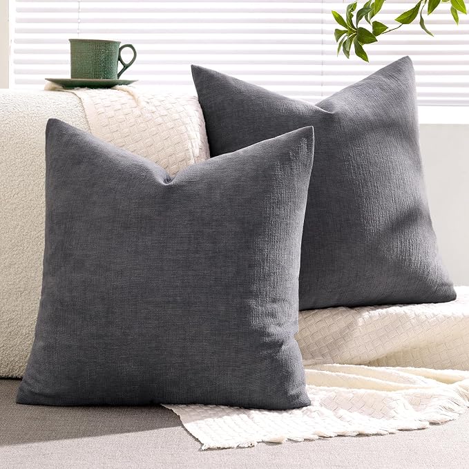 MIULEE Grey Chenille Couch Throw Pillow Covers, 18x18 | Set of 2, Soft Farmhouse Modern Home Decor, Decorative Pillowcases for Sofa Living Room Bed