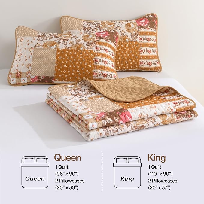 Quilt Set Queen Size, Brown Orange Patchwork Fall Bedding Set | Farmhouse Floral Plaid Bedding Set with Red Flower Pattern, 3 Pieces Soft Microfiber Reversible Bed Cover for All Season