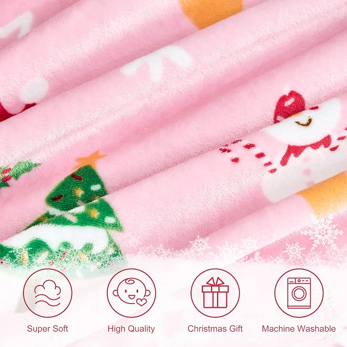 Edenleaf Christmas Blanket Soft Cozy Pink Throws with Snowman Snowflake Santa Claus and Xmas Trees Print, Fuzzy Warm Christmas Throw Blanket for Couch Bed Holiday Decorations Gifts 50"x60" (Pink)