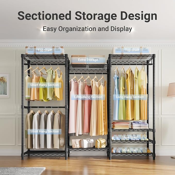 VIPEK V5 Heavy Duty Clothes Rack, Freestanding Modular Closet System, Black | 890 lbs Load, 4 x 23.6 in hanging rods, 8 x shelves (2 adjustable), Supports expansion with accessories