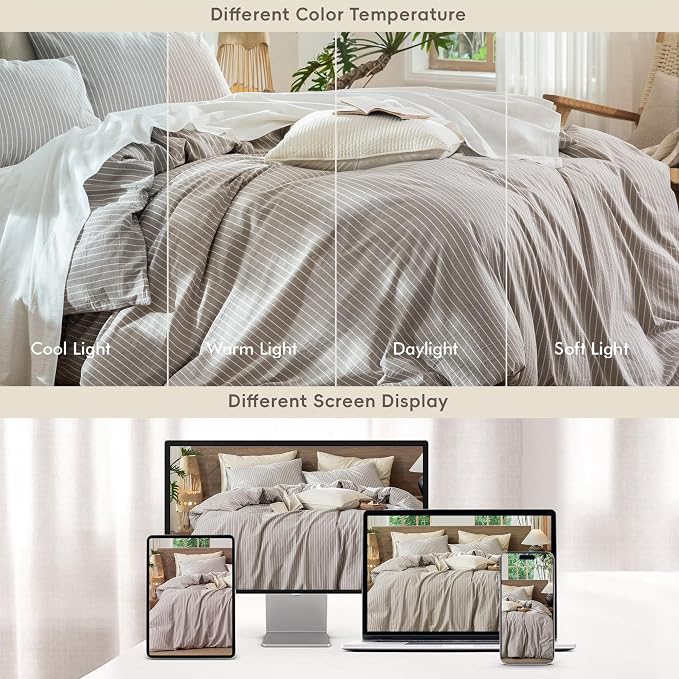 MooMee Striped Duvet Cover Set 100% Washed Cotton Linen Like Queen | Relaxed Linen-like Texture. Soft, Breathable & Long-lasting Comfort. Lightweight. Hidden Zipper with 8 Interior Corner Ties