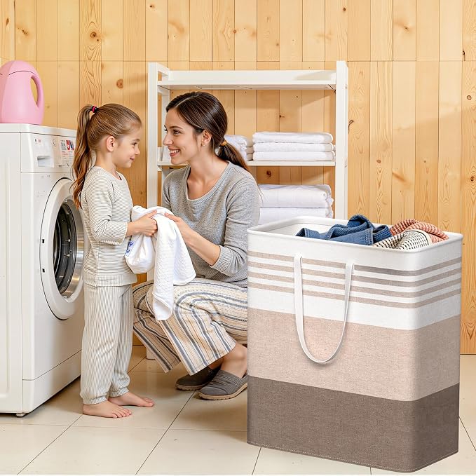 WOWBOX 2 Pack Laundry Baskets, Collapsible Dirty Clothes Laundry Hampers | with Reinforced Handles, Waterproof Coating, 2 Pack for Clean & Dirty Clothes, for Bedroom, Bathroom, Dorm (100L Khaki)
