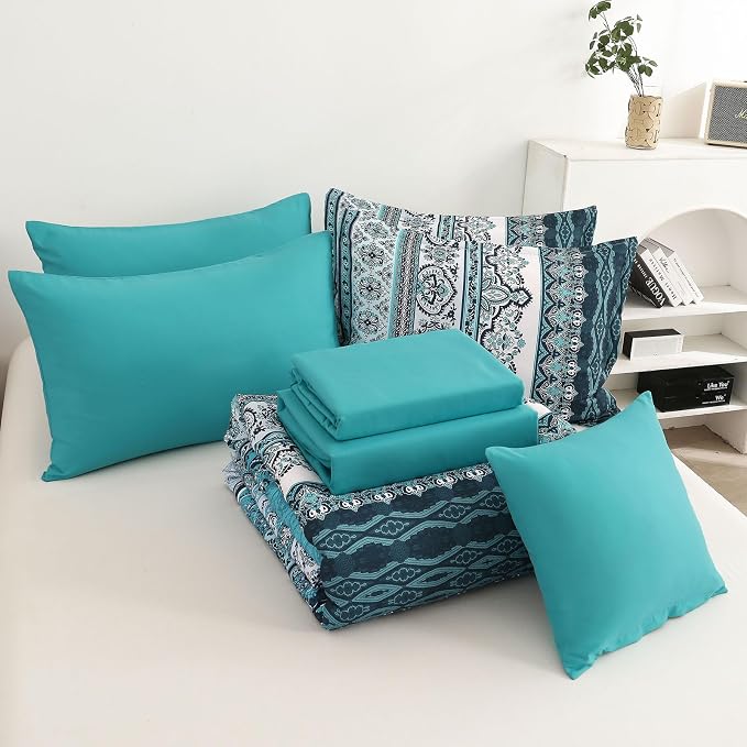 Cottolester Boho Queen Comforter Set 8 Pieces, Teal Comforter Bohemian Striped Bed in A Bag,Soft Microfiber Bedding Set for All Seasons