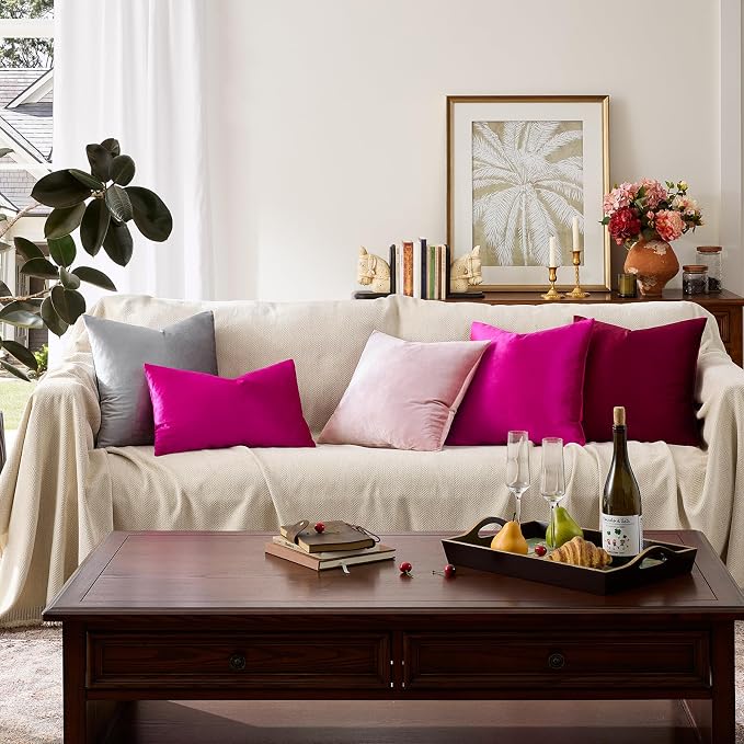 GIGIZAZA Hot Pink Velvet Pillow Covers 16x16 Decorative Pillows Pack of 2 | Throw Pillows for Couch Sofa,280gsm Soft Textured Fabric,Modern Square Pillowcases,Luxury Cushion Covers